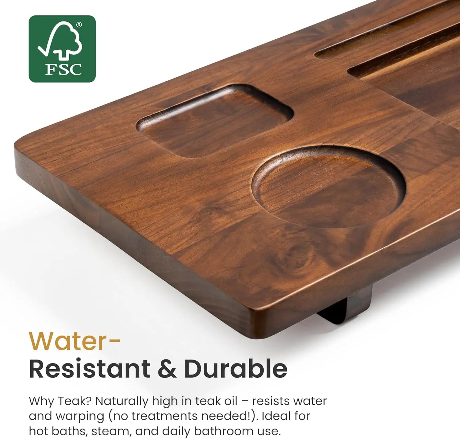 Teak Bathtub Tray Caddy - 29" Wide Adjustable Bathtub Table for Freestanding Tubs, Non-Slip Design with Phone/Wine Holder, Brown