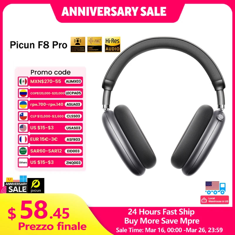 Auriculares Picun F8 Pro ANC -52dB | Audio 3D Espacial | Head Tracking | Bluetooth 5.4 | 80h Batería - Firu Total Sales