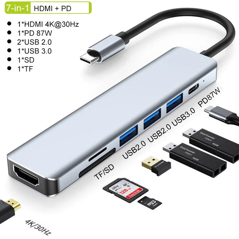 5 Ports USB C Hub to 4K HDMI-Compatible PD fast charge USB 3.0 2.0 HUB Type C Charging Docking for MacBook iPad Samsung