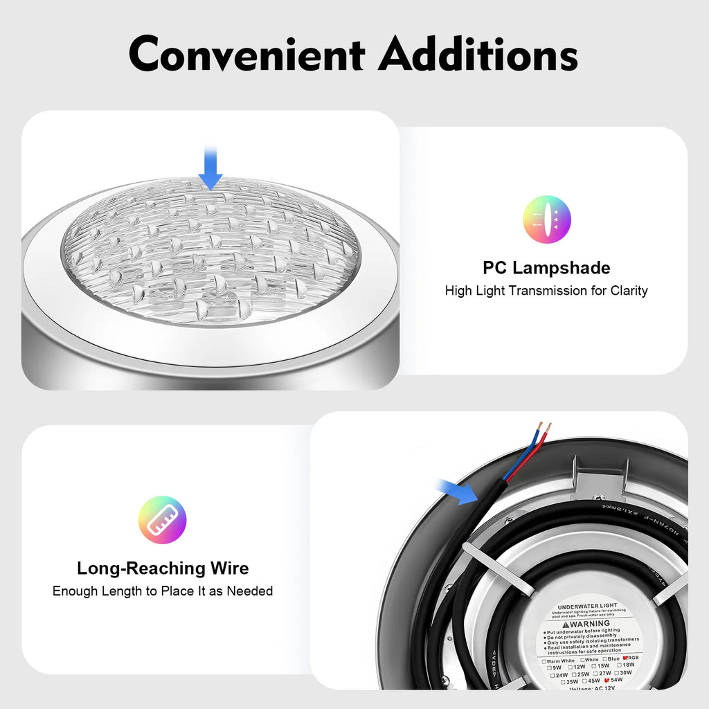 Remote Control 320ft² Underwater Swimming Pool Spa Light LED RGB 7 Colors & 12 Modes, 54W, 12V, 6ft Wire, IP68 Sealing Ring