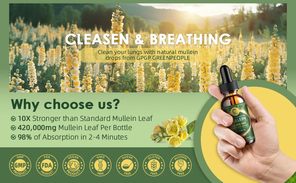 Mullein Drops for Lungs - Mullein Leaf Extract for Lung Detox & Cleanse, Support for Respiratory, Immune, Digestive System
