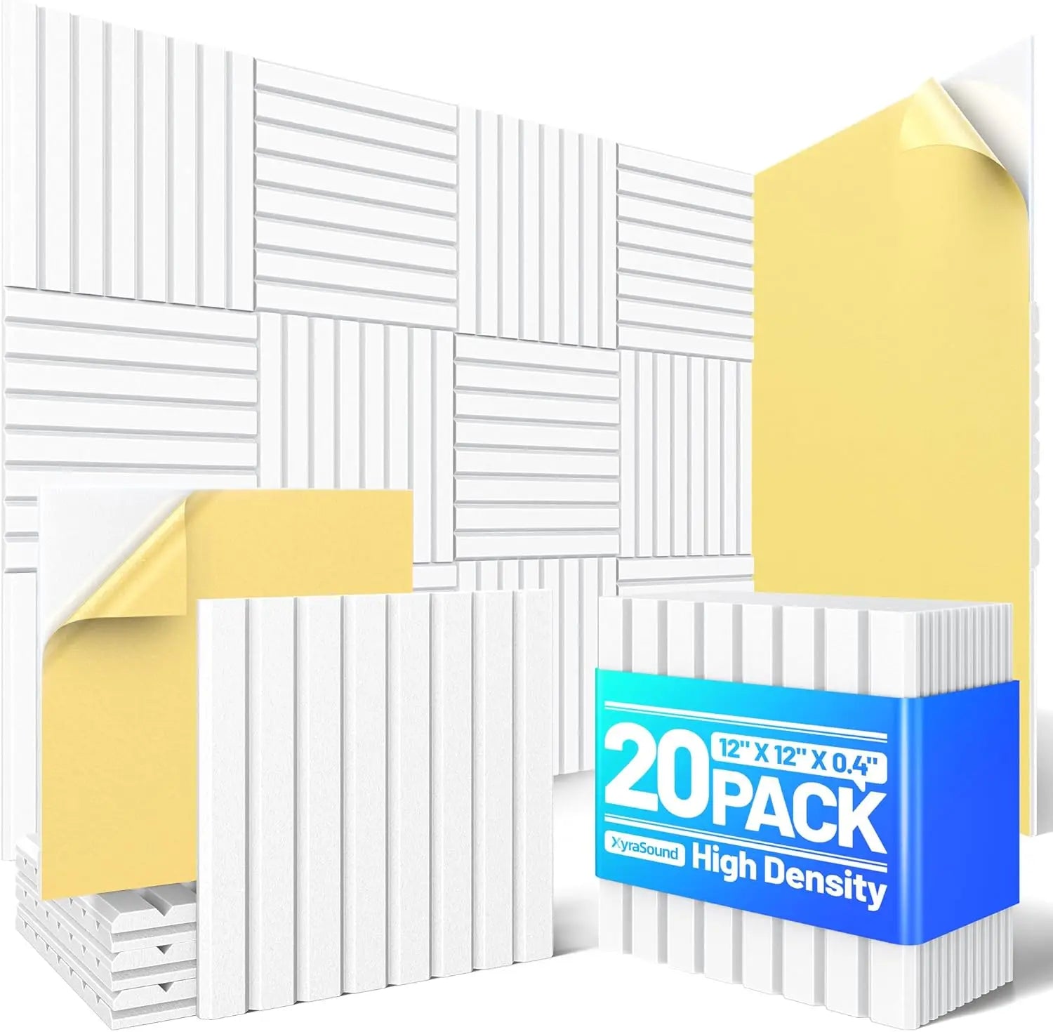 20 Pack Self-Adhesive Acoustic Foam Panels, 12x12x0.4 Inch Slatted Soundproof Wall Tiles for Studio Decor - White