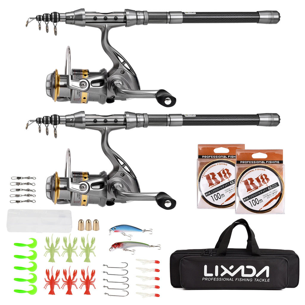 2-Pack Telescopic Fishing Rod & Reel Combo | Carbon Fiber | Full Accessories Set