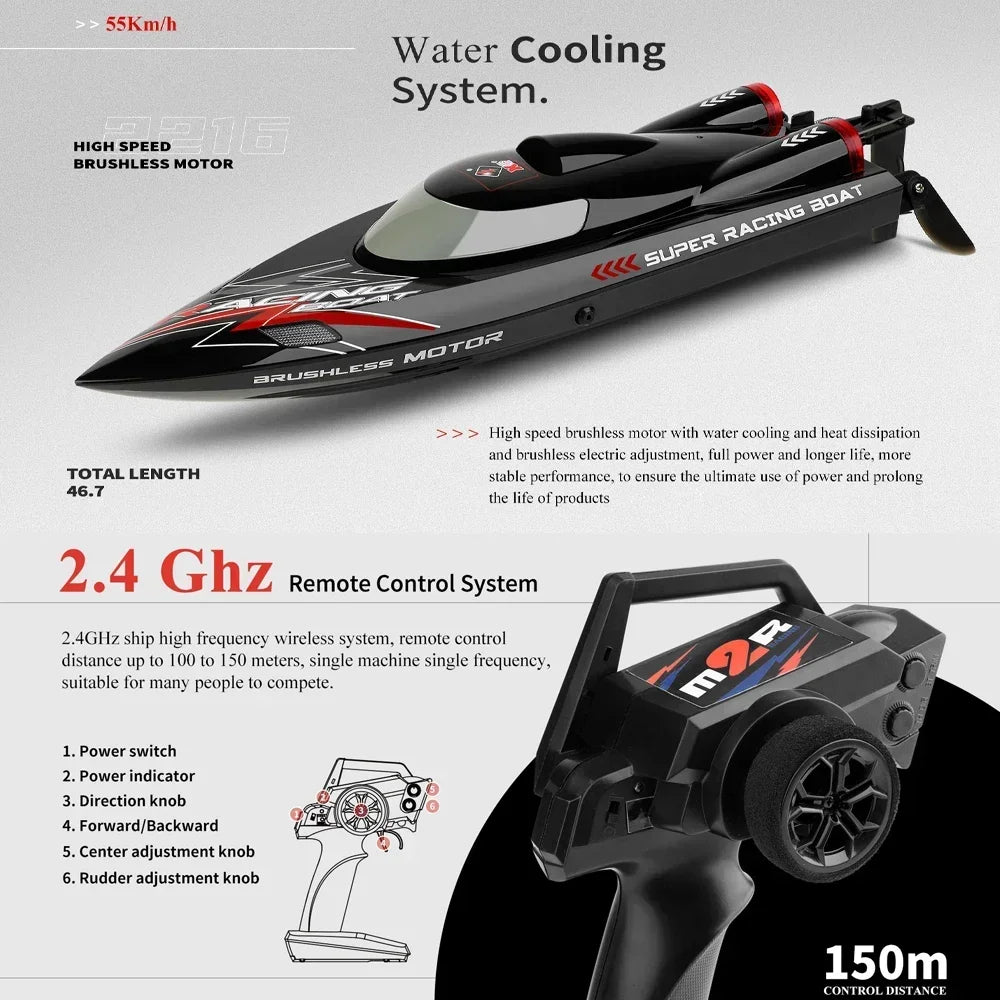 WLtoys WL916 RC Boat 2.4Ghz 55KM/H Brushless High Speed Racing Ship Remote Control Speedboat Toys For Adults with 2 Batteries - Firu Total Sales