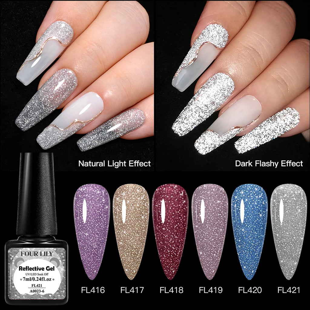 Esmalte Gel Reflectivo Glitter FOUR LILY 7ml | Champagne Oro Plata | UV/LED ✨ - Firu Total Sales