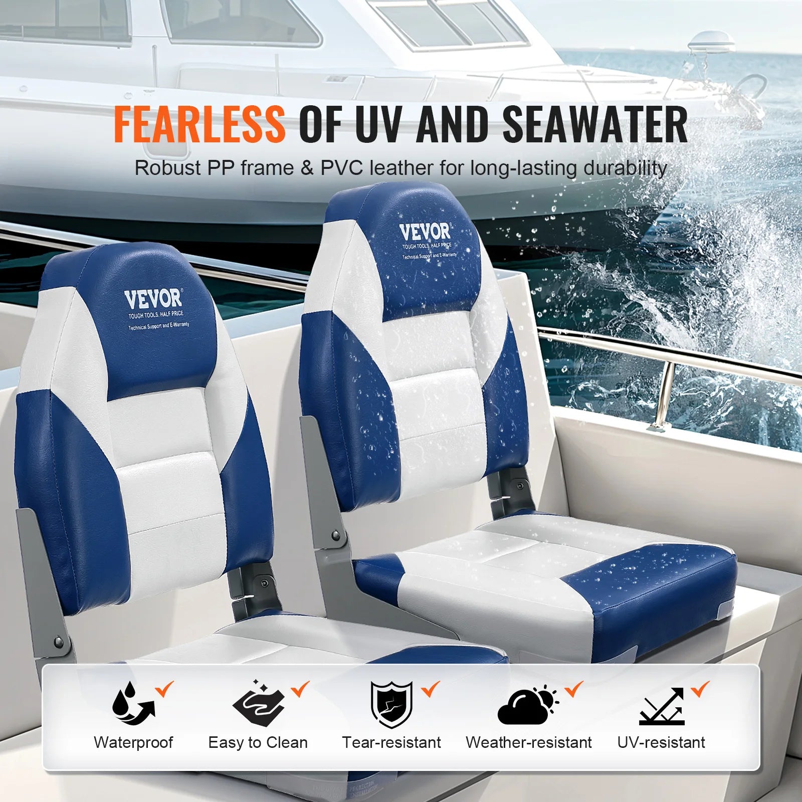 SucceBuy 21.85" High Back Boat Seat Folding Boat Chair with Thickened Sponge Padding Fold-Down Boat Captain Chairs 2-Pack