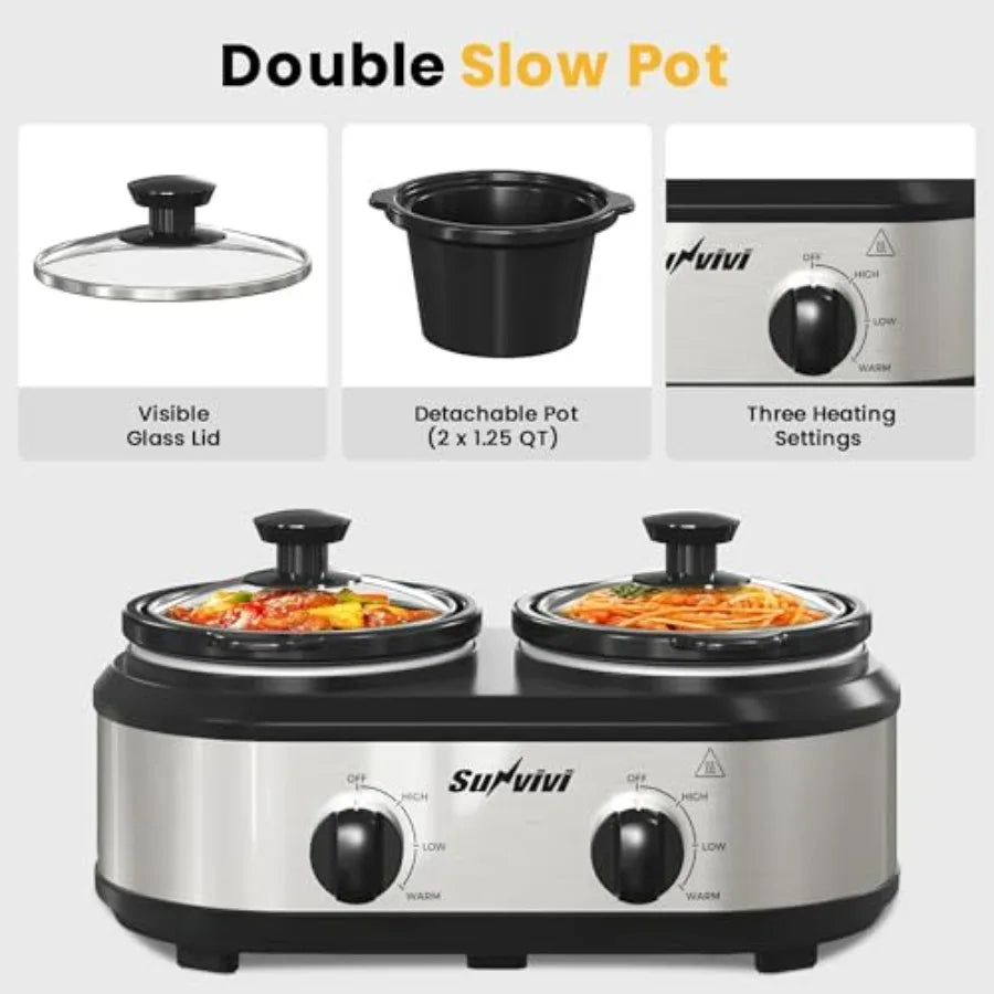Dual Slow Cooker Buffet Server and Food Warmer Small Mini Pot with 3 Adjustable Temp 2 Visible Glass Lids for Parties Holidays