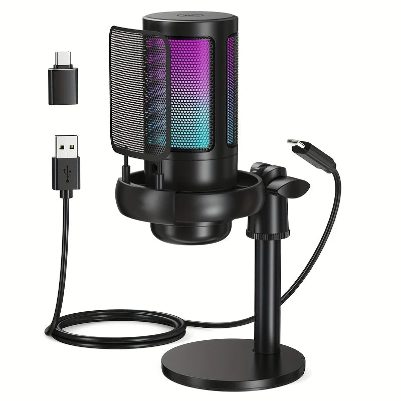 Microphone, USB PC Mic For Podcasts Videos, Streaming, Condenser Mic With Quick Mute, Tripod Stand, Pop Filter, RGB Indicator, S