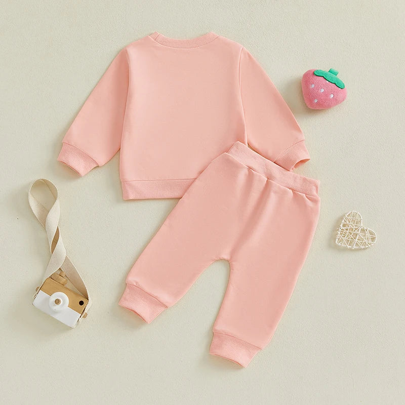 Cute Toddler Girl Autumn Ensemble Adorable Strawberry Embroidered Crew Neck Sweatshirt with Matching Long Pants 2-Piece Set - Firu Total Sales