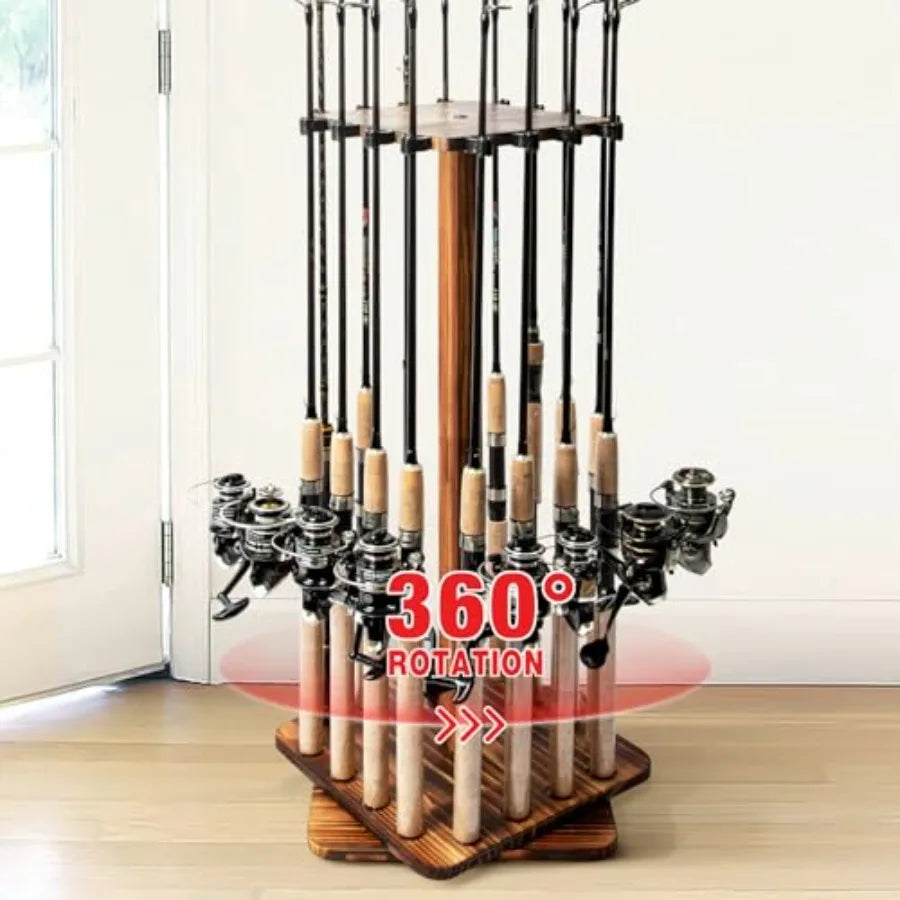 Fishing Rod Holders for Garage 360 Degree Rotating Fishing Pole Rack Floor Stand Holds up to 16 Rods Wood Fishing Gear Equipmen