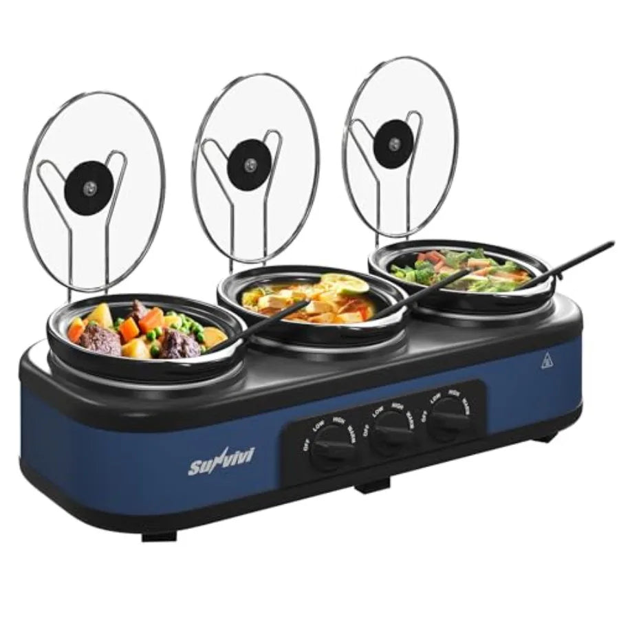 Triple Slow Cooker Buffet Server Warmer with 3 Removable Ceramic Pots 3 Adjustable Temp Settings 3 Metal Lid Rests Stainless St