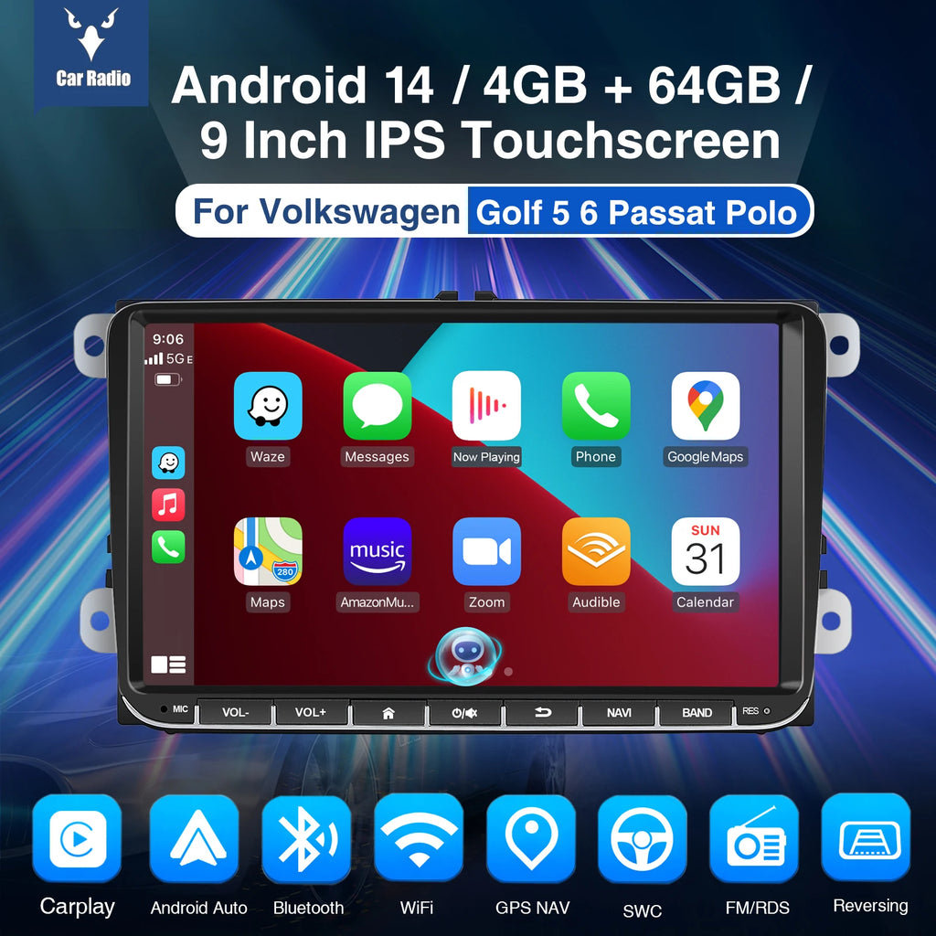 9" Android 14 4G+64G Wireless Carplay Car Stereo GPS NAVI WIFI RDS FM BT EQ for VW Golf 5 6 Passat Polo Touran Tiguan Caddy EOS