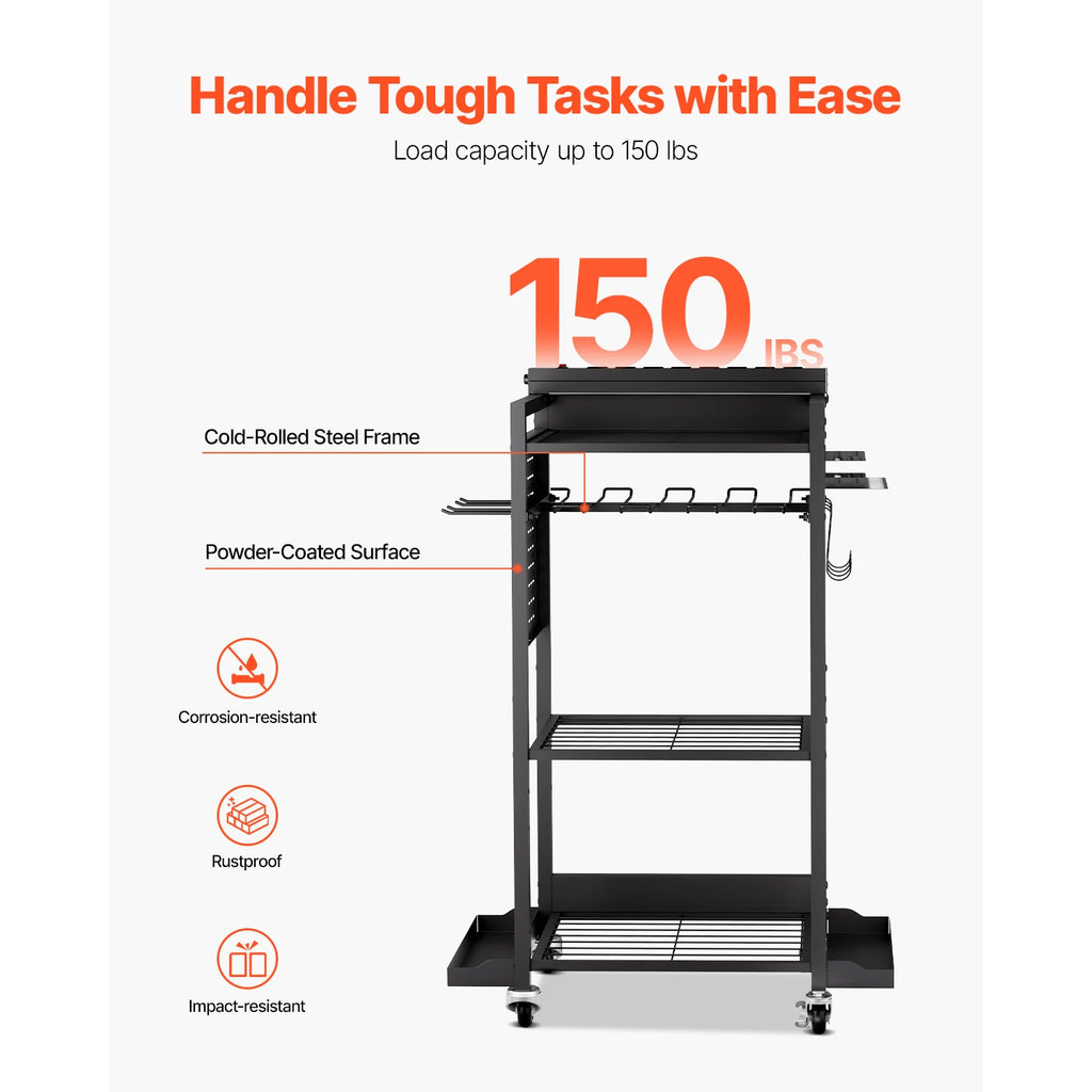 VEVOR 4-tier Tool Organizer Cart with Charging Station 8 AC Outlet Floor Stand Rolling Storage Drill Holder for Workshop Garage
