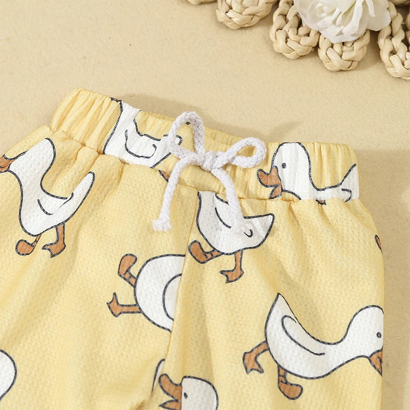 Cute Toddler Unisex Autumn Apparel Set with Adorable Duck Pattern Sweatshirt and Cozy Waffle Texture Pants for Boys and Girls