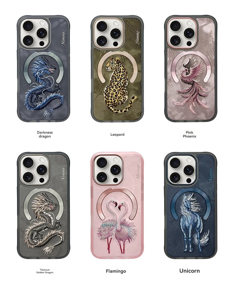 Dragon Phoenix 3D Embroidery Protective Case For iPhone 16 Pro Max Magnetic Wireless Charger Trend Original Fashion Cover - Firu Total Sales