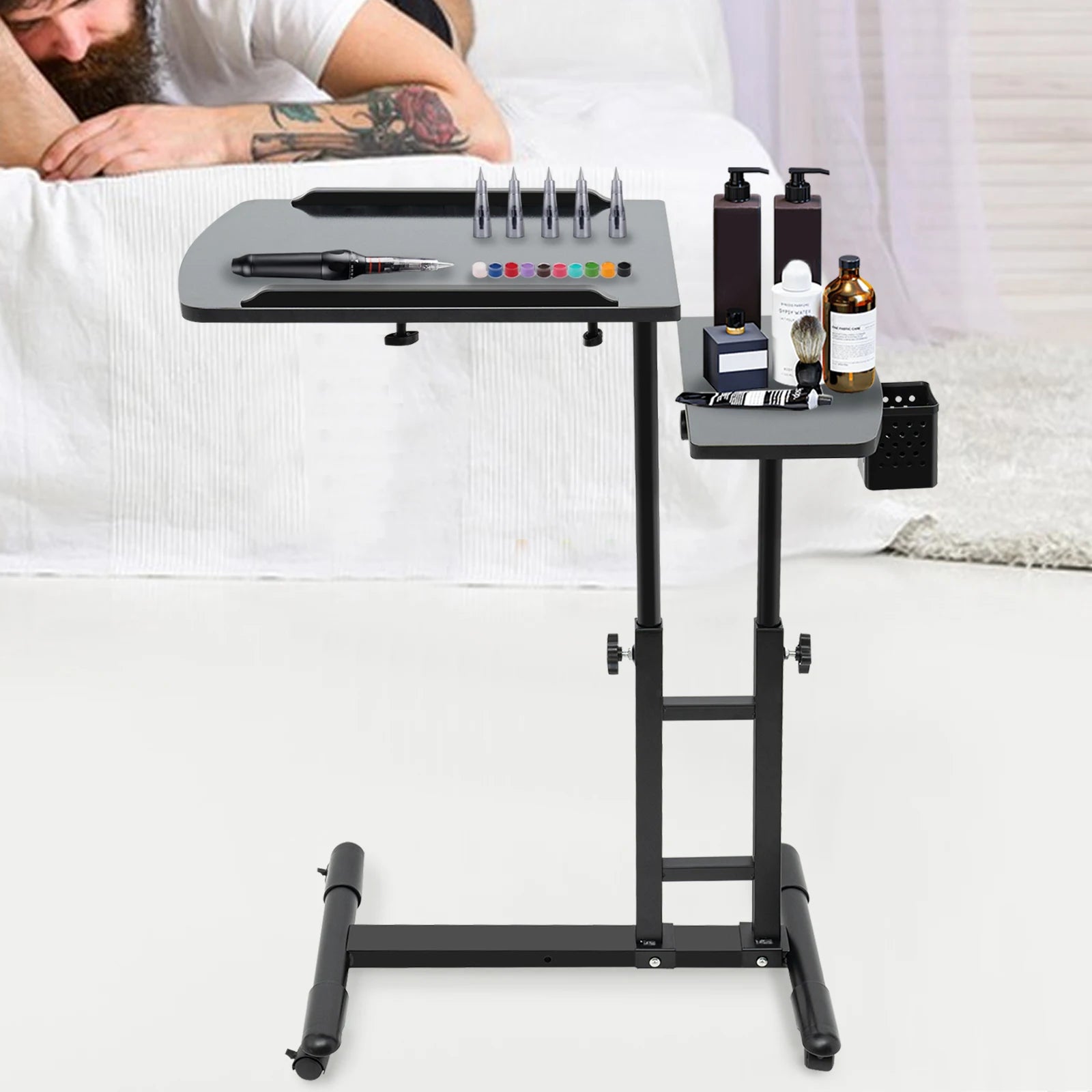 Portable Adjustable Height Tattoo Workstation Dual Surface Black Iron & Density Board Table 57.5-90cm12.5kg Load-Bearing