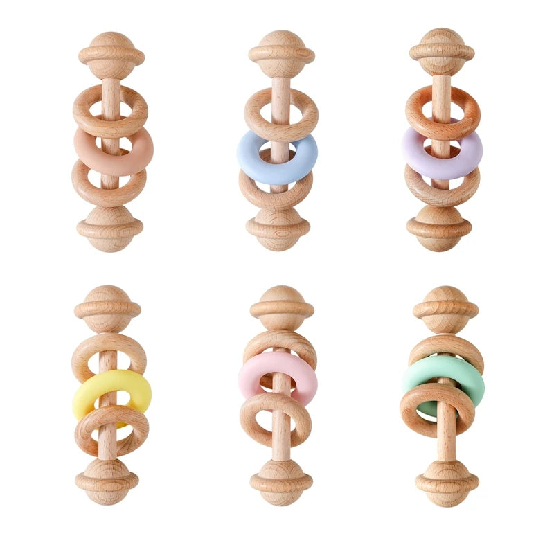 Wooden Rattle Silicone Ring — Sensory Baby Toy | 0-12 Months Gift