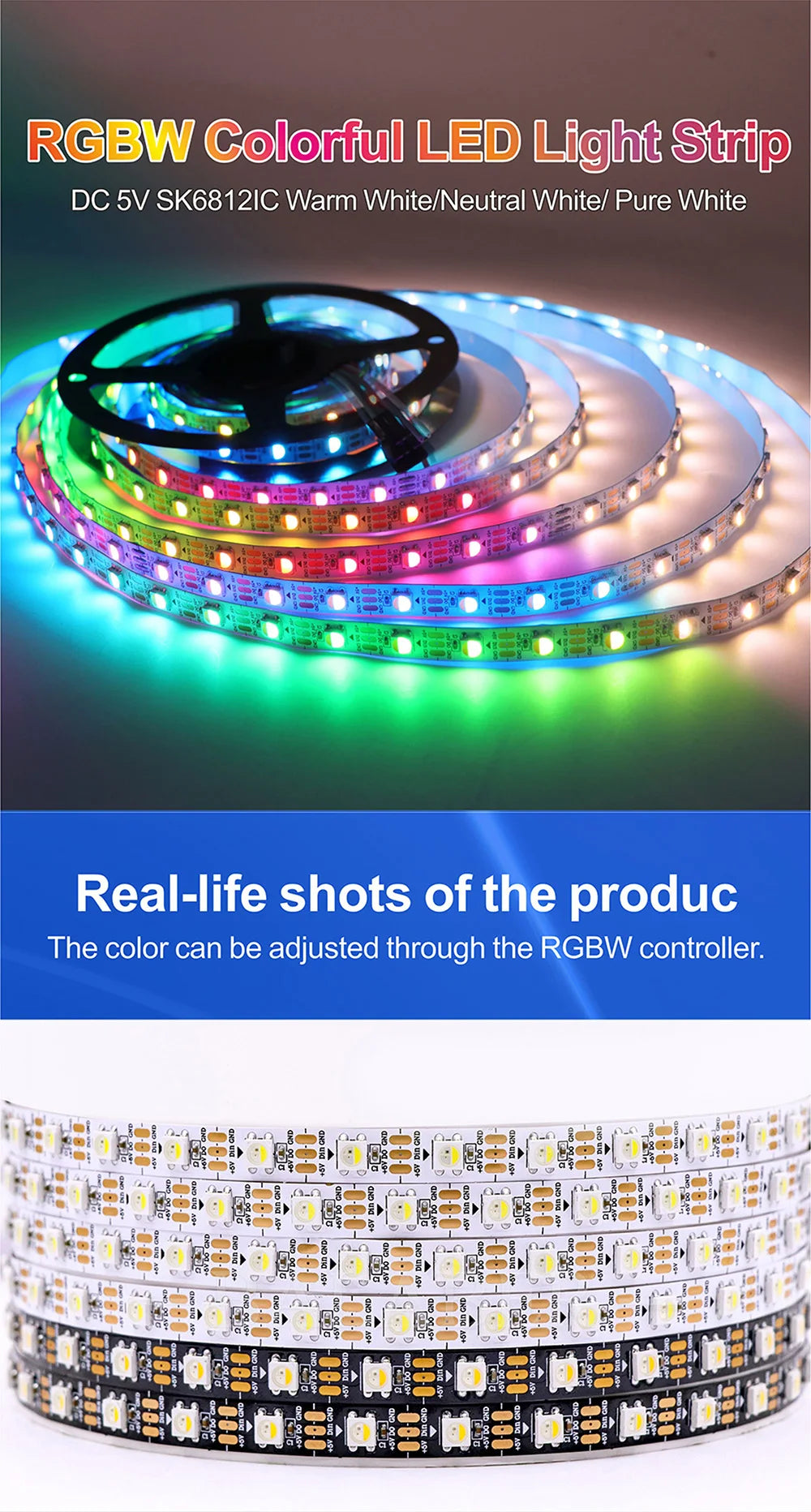 Tira LED SK6812 RGBW/RGBWW DC12V | Direccionable | 30/60/144 LEDs/m | IP30/65/67 | PCB Negro/Blanco | 1-5m - Firu Total Sales