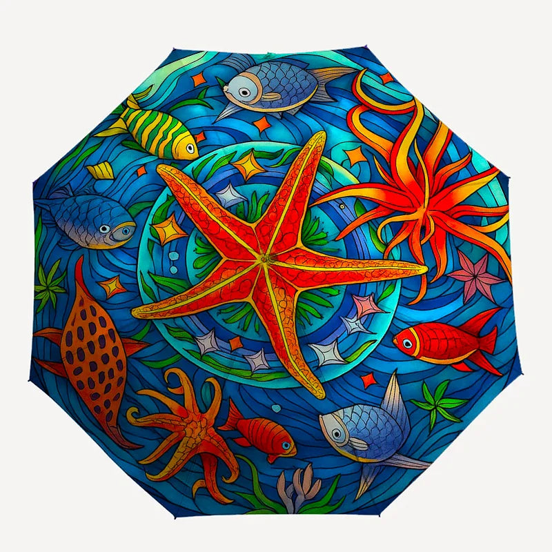 Underwater Paradise Umbrella - Automatic Open/Close, Compact 3-Fold Travel Umbrella with Marine Life Design (Starfish, Tropica