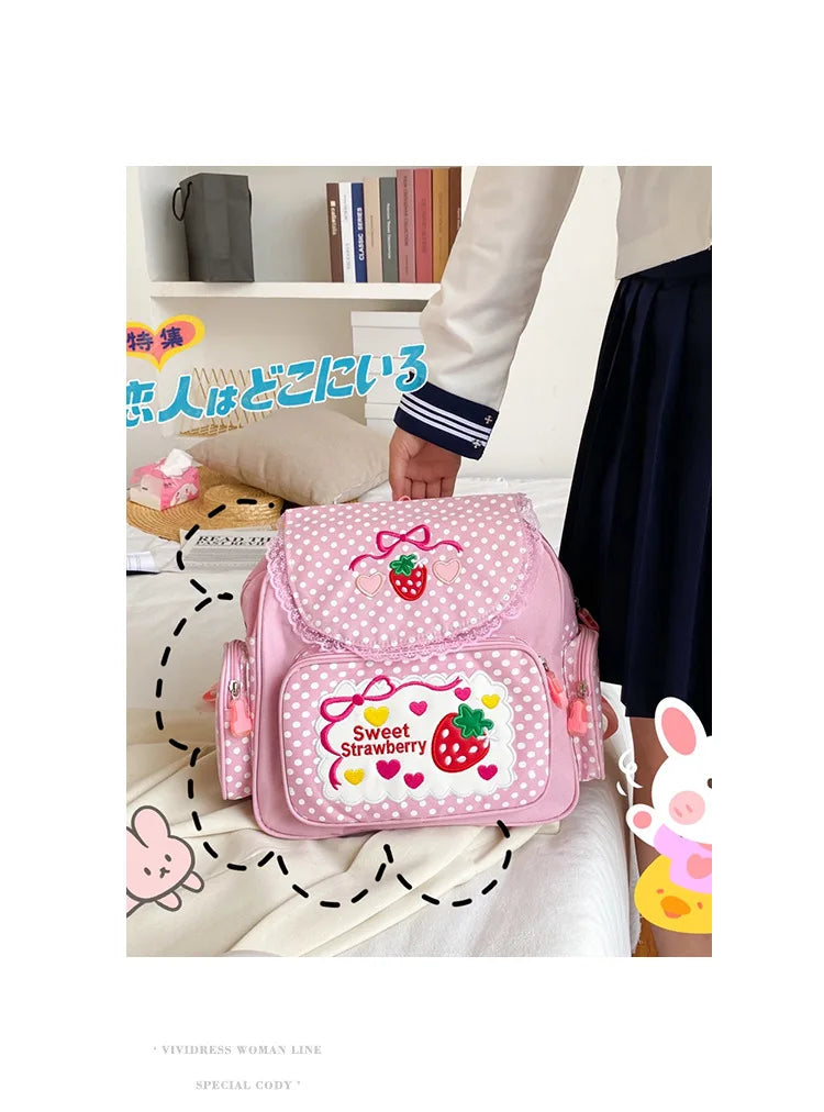 Pink Girl Embroidery Strawberry Children's Schoolbag Student Birthday Gift 2026 New Japanese Cartoon Pink Backpack Book Bags