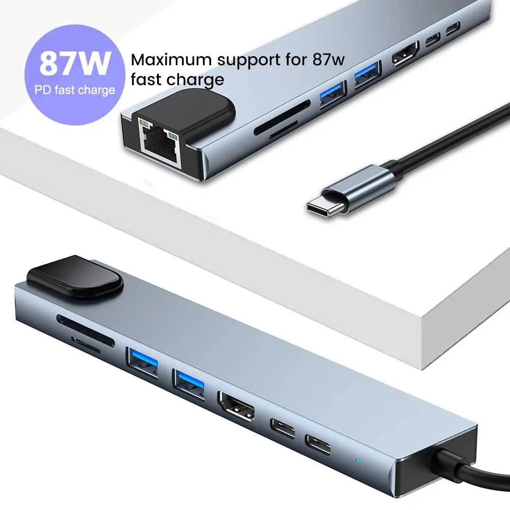 Hub USB-C 8 en 1 FEIWIMI | HDMI 4K 30Hz | RJ45 100Mbps | VGA | PD 100W | Docking Station - Firu Total Sales