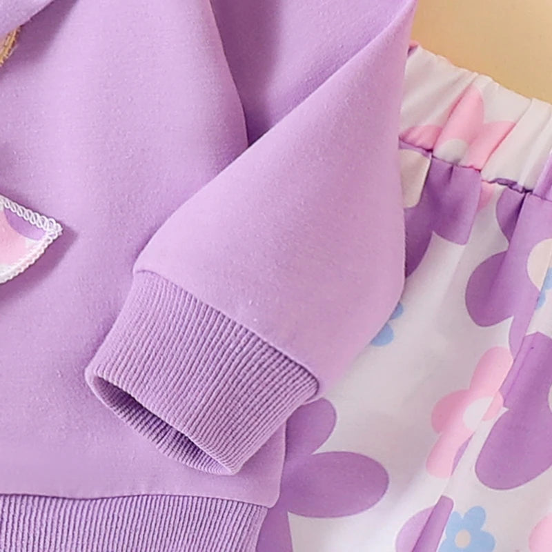 Cute Toddler Girl Autumn Ensemble Bear Embroidered Sweatshirt Floral Flare Pants Headband - 3 Piece Set for Fall