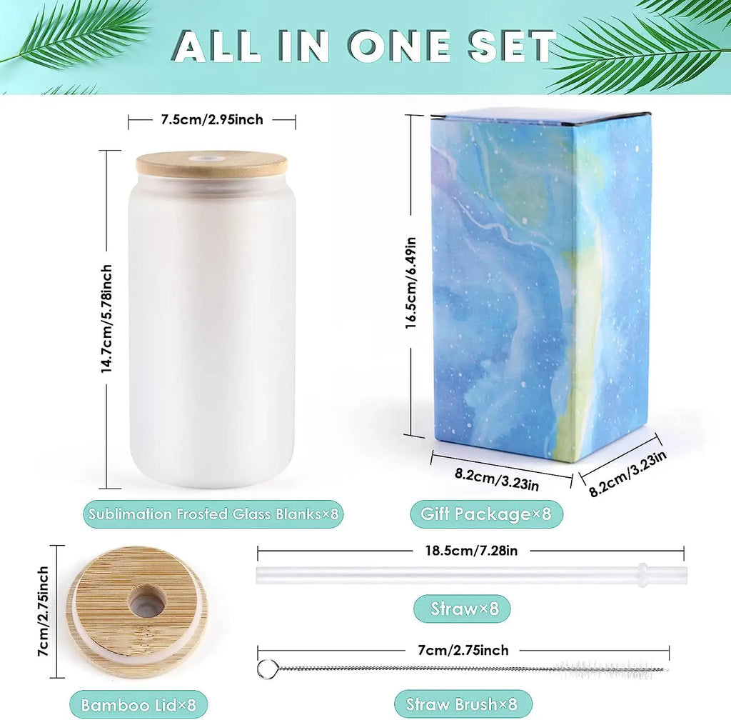 HTVRONT 8-24 Pack Frosted Sublimation Glass With Bamboo Lid Cups With Straws 16OZ Tumbler for Beer, Juice, Soda, Iced Coffee