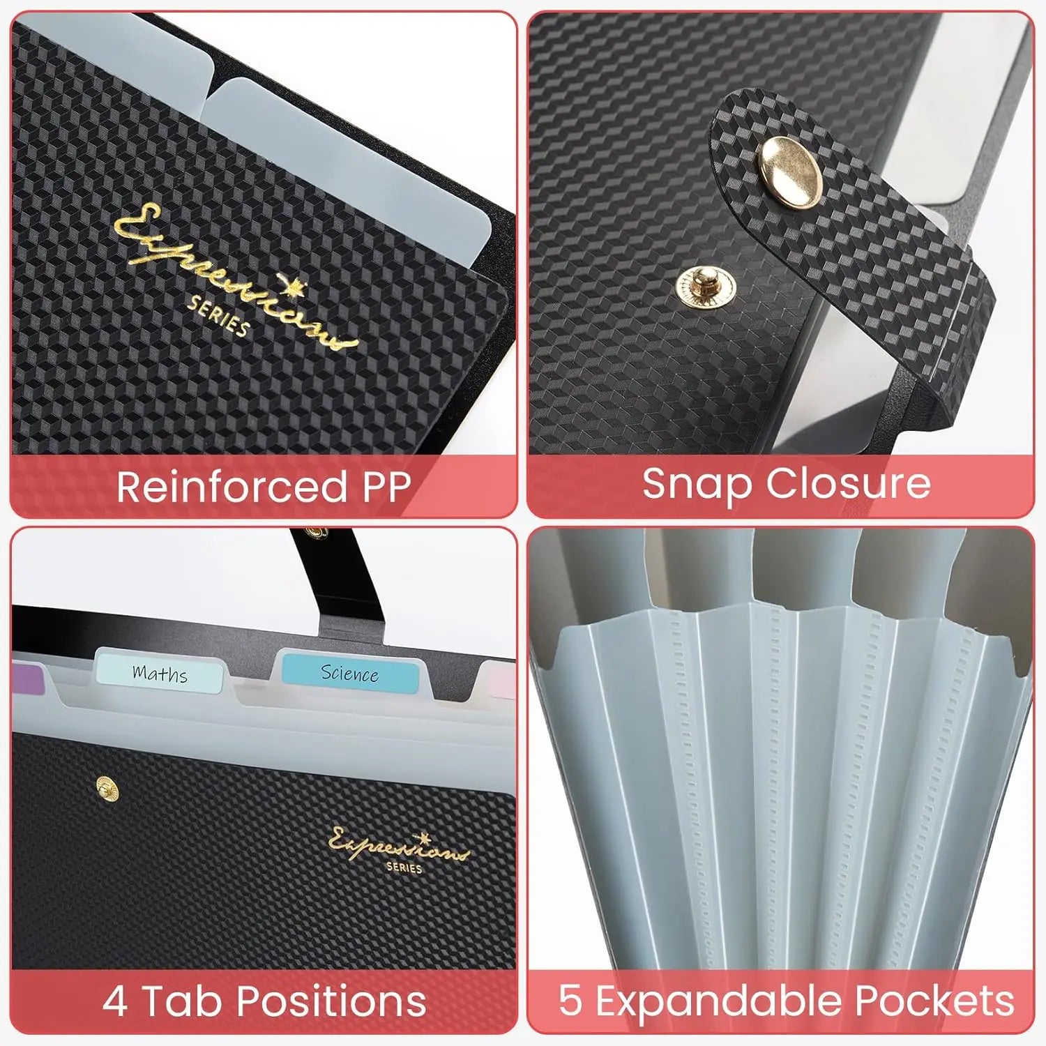Letter Size Expanding File Folder with Labels, 5 Pocket Organizer for Documents, Portable A4 Black for Home School Office
