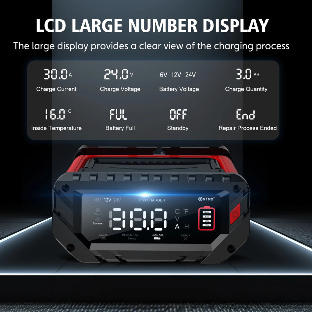12V 30A/26A/20A Smart Car Battery Charger LCD 6V-12V-24V for Motorcycle Trickle Lithium LiFePO4 Lead-acid AGM Battery Repair