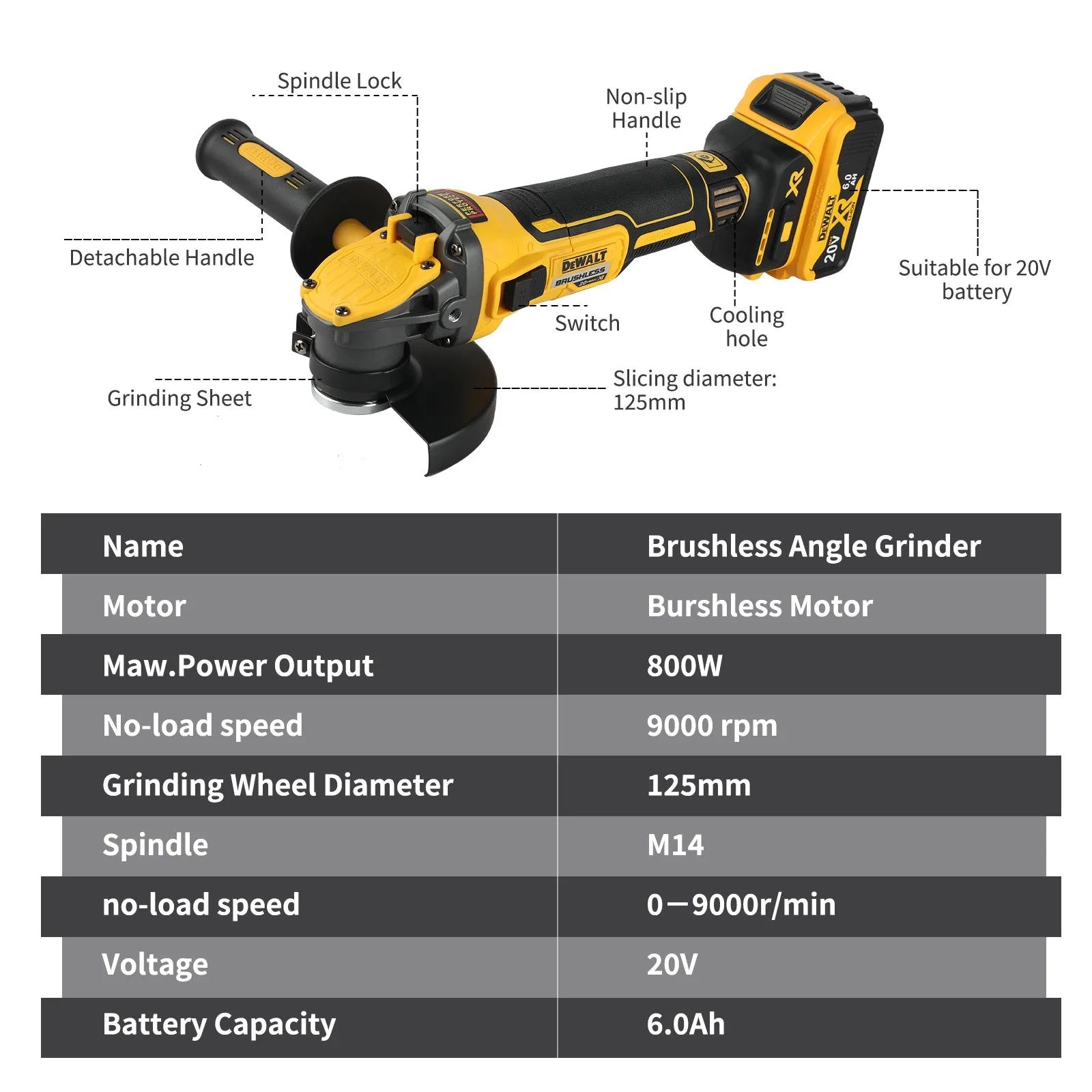 DEWALT DCG409 20V brushless 125mm flat head angle grinder,tool form gives freedom.Perfect for various cutting and grinding tasks