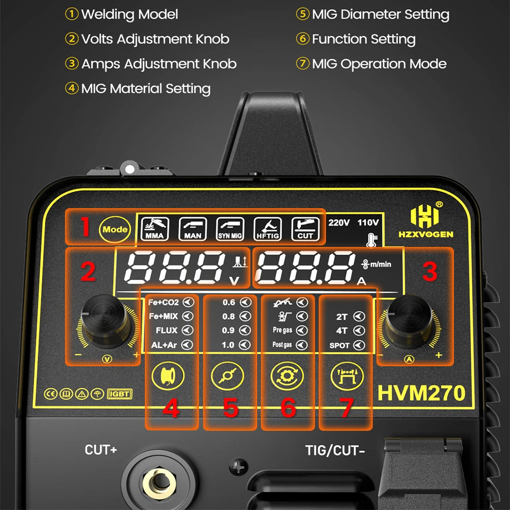 HZXVOGEN HVM270 6 in 1 Aluminum Welding Machine Cut/Gas MIG/Gasless MIG/HF TIG/MMA Digital Screen 2/4T Inverter Welder Stainless