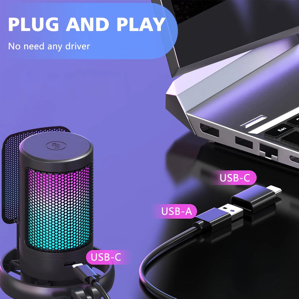 Microphone, USB PC Mic For Podcasts Videos, Streaming, Condenser Mic With Quick Mute, Tripod Stand, Pop Filter, RGB Indicator, S