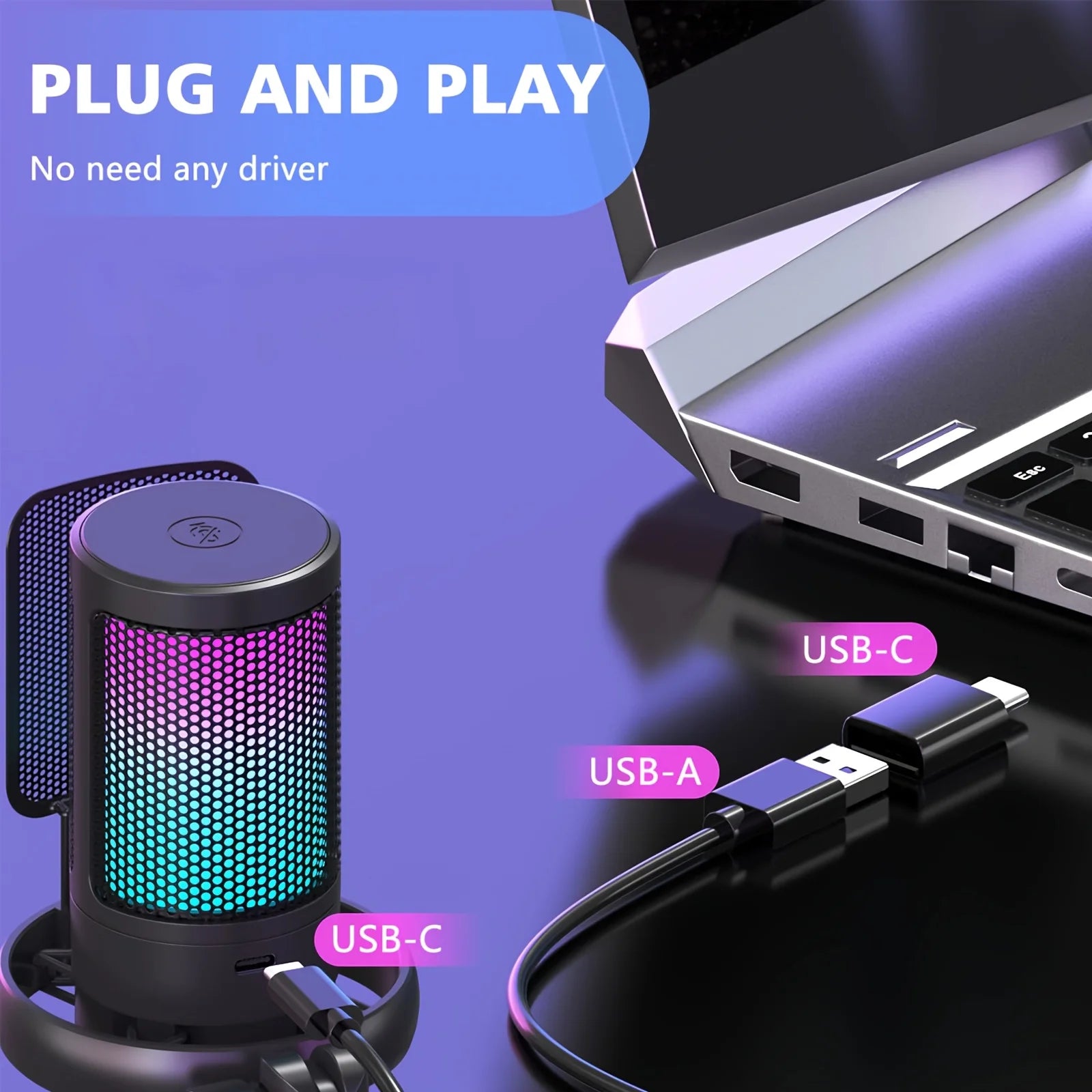 Microphone, USB PC Mic For Podcasts Videos, Streaming, Condenser Mic With Quick Mute, Tripod Stand, Pop Filter, RGB Indicator, S