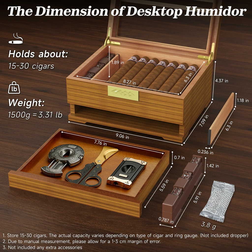 Cigar Box Humidor with Hygrometer and Humidifier, Cedar Wooden Case with Drawer, Divider, Length Gauge, Desktop Humidor Box Gift