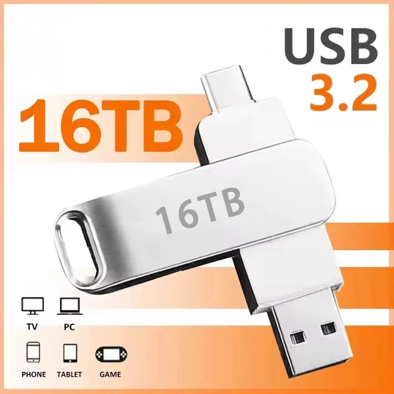 USB 3.2 Gen 1 Type‑C Dual Interface Metal Flash Drive, High‑Speed Waterproof Pen Drive for PC Laptop, 4TB 8TB 16TB Storage
