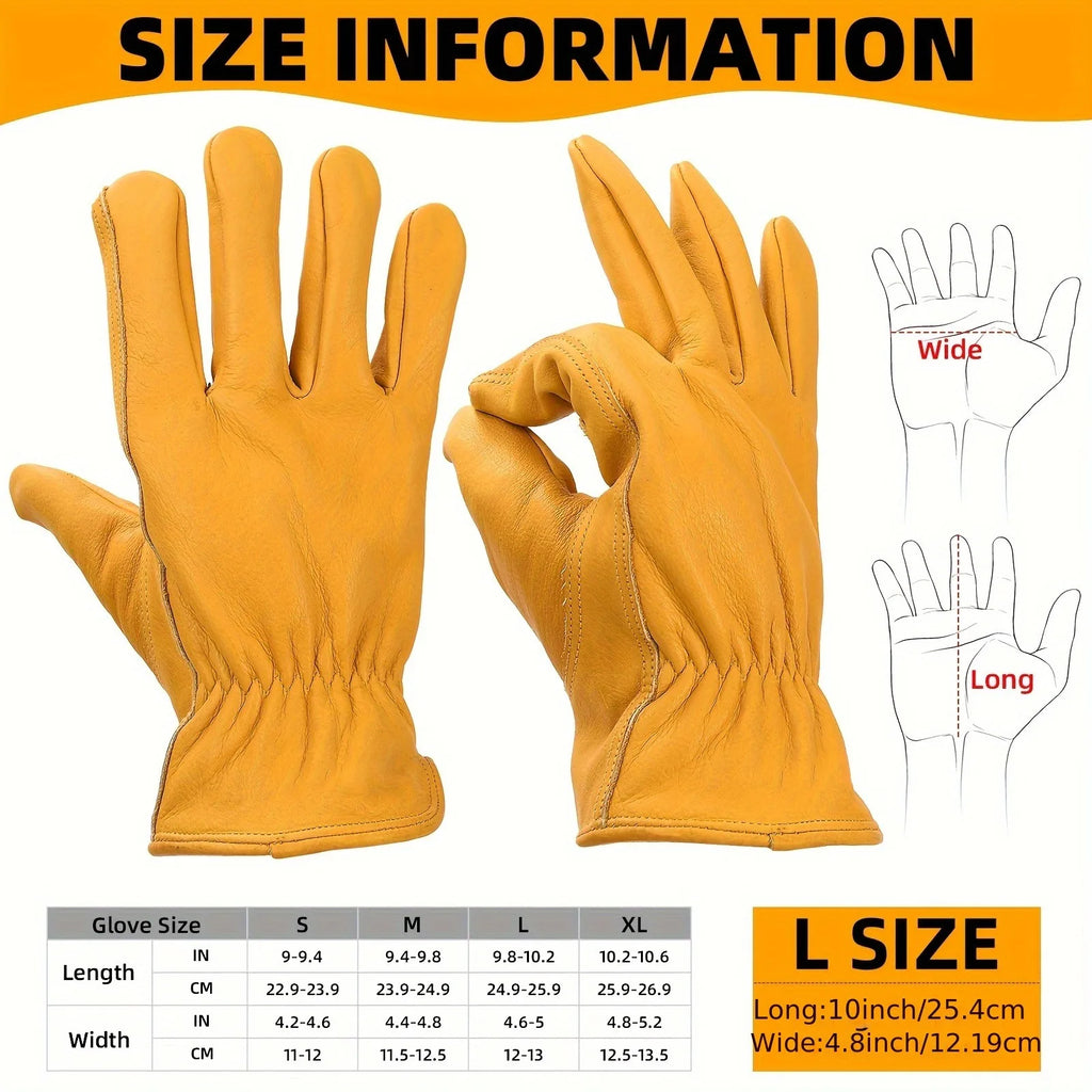1 Pair Of Flex Grip Leather Work Gloves, Stretchable Wrist Tough Cowhide Working Gloves (Yellow)