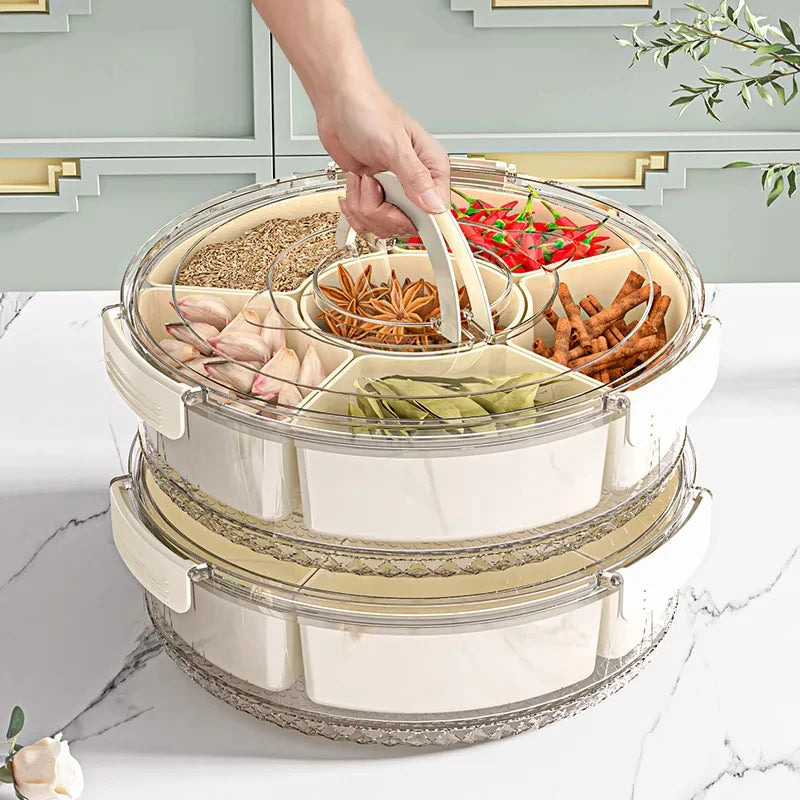 Rotatable 5-Compartment Food Storage Tray with Lid Handle Dried Fruit Snack Vegetable Container Home Kitchen Serving Dish