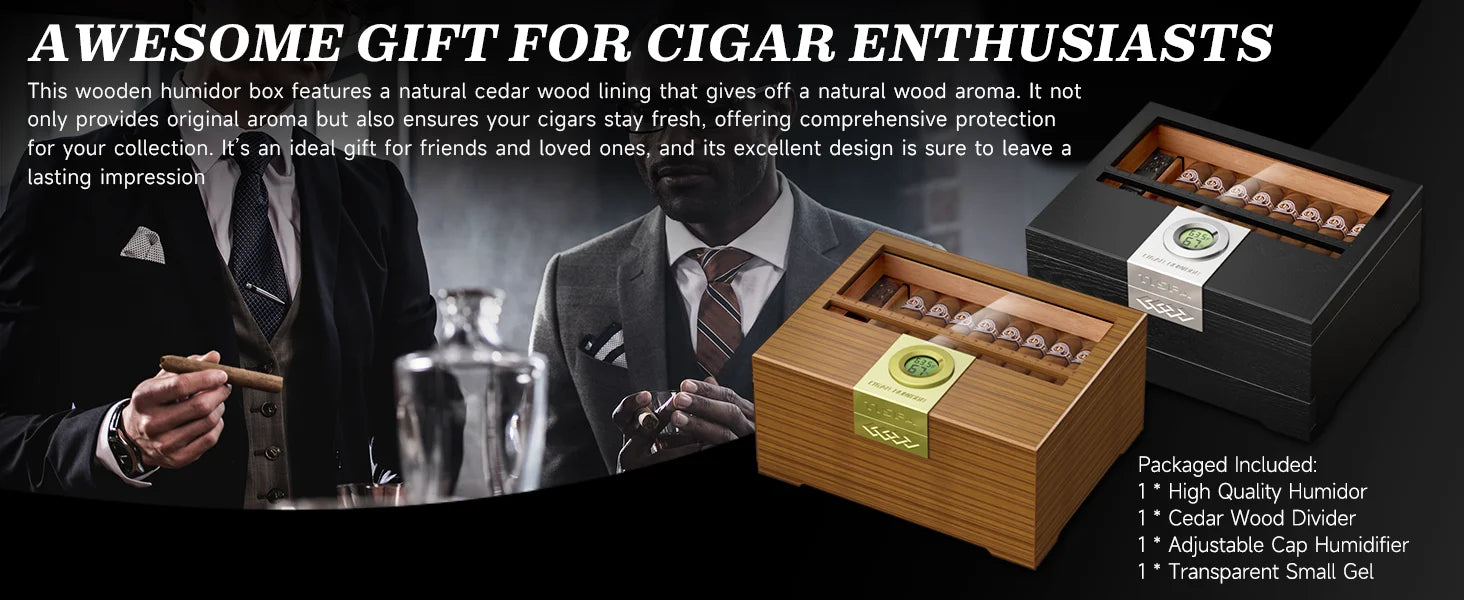 Cigar Box Humidor with Hygrometer and Humidifier, Cedar Wooden Case with Drawer, Divider, Length Gauge, Desktop Humidor Box Gift