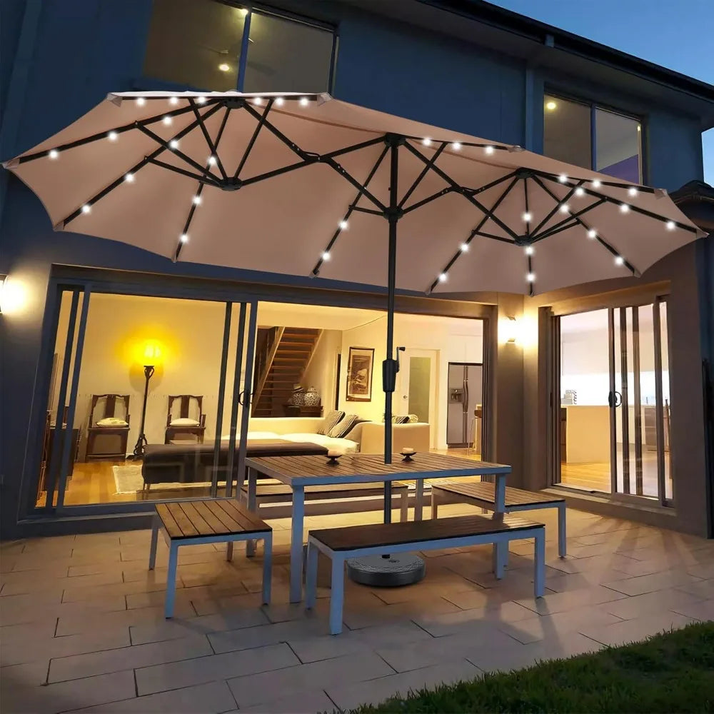 13ft Rectangular Patio Umbrella with 36 Solar LED Lights, Ultimate Sun Protection, Easy To Shake, for Deck, Garden, Khaki