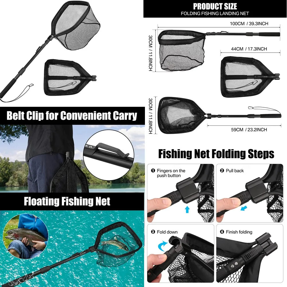 Collapsible Fishing Landing Net with Telescoping Pole Handle Extend to 190cm 100cm 80cm Fishing Net For Saltwater Freshwater