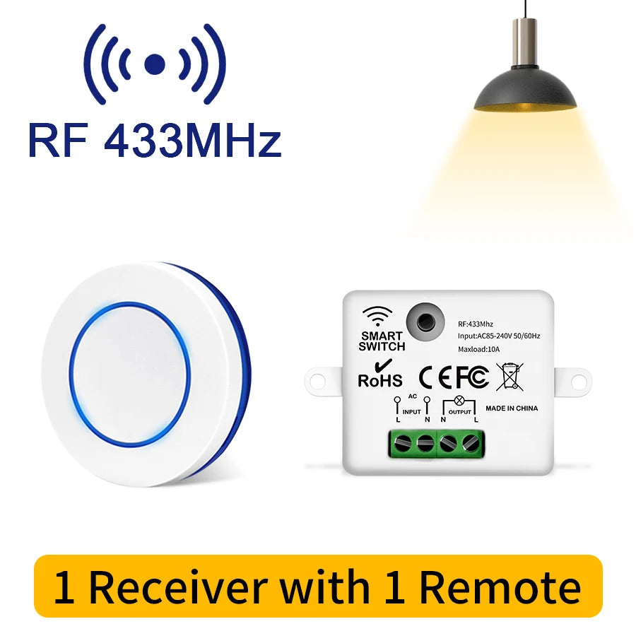 433MHz Wireless Light Switch 220V 110V 10A Relay Breaker Remote Control Mini Round Button Switch for Home LED Lamp Wall Switch