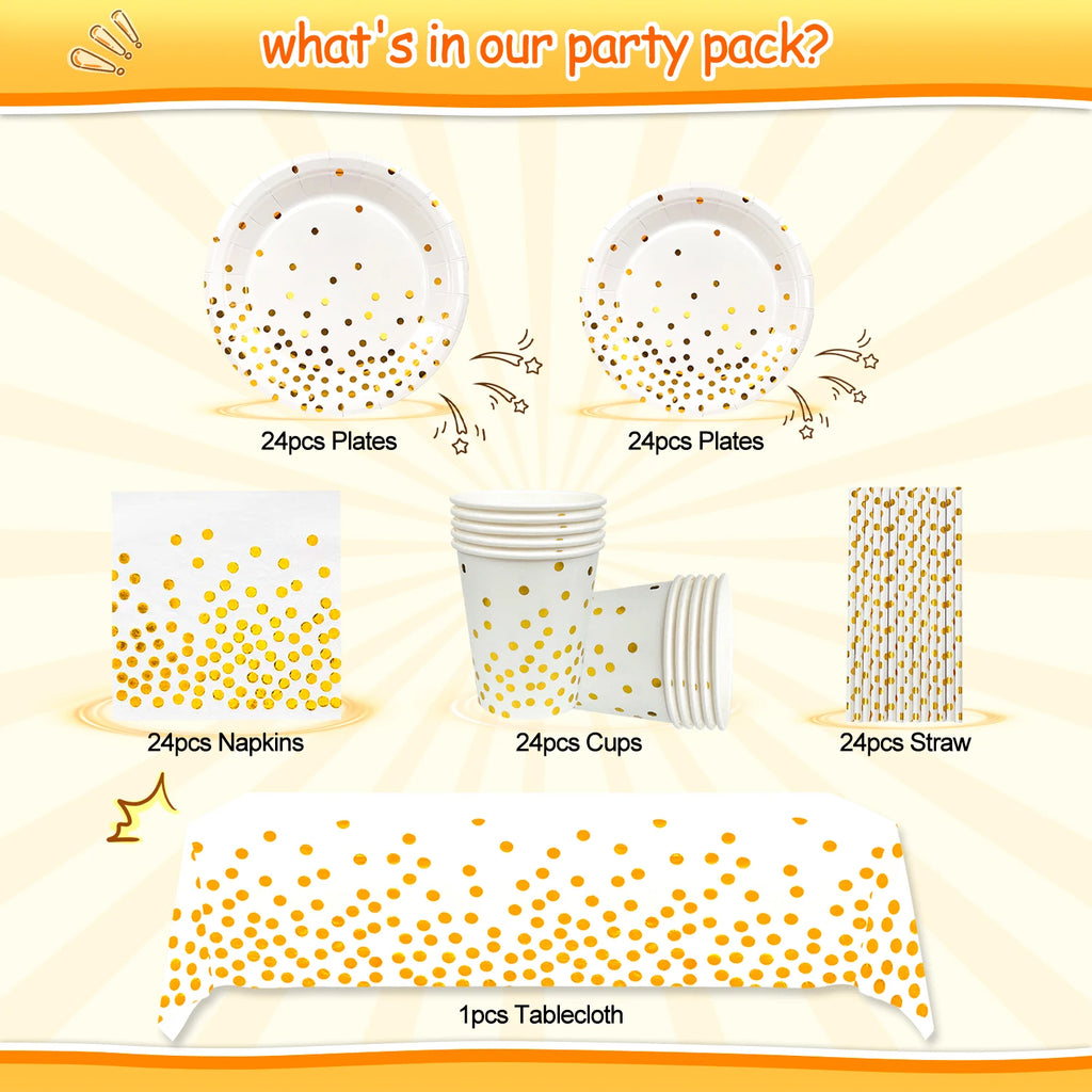 White And Gold Party Supplies 121pcs Golden Dot Disposable Party Dinnerware Set - White and Gold Party Paper Plates Cups Napkins