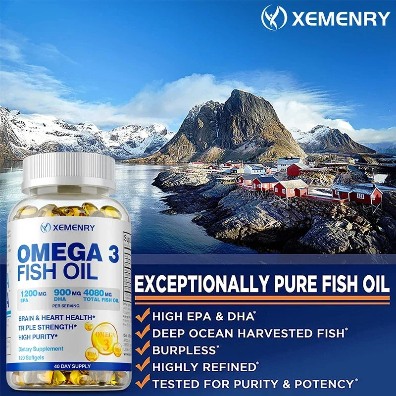 Omega-3 Fish Oil - Supports Brain Health, Cardiovascular and Skin Health, Antioxidant and Anti-inflammatory - 120 Capsules
