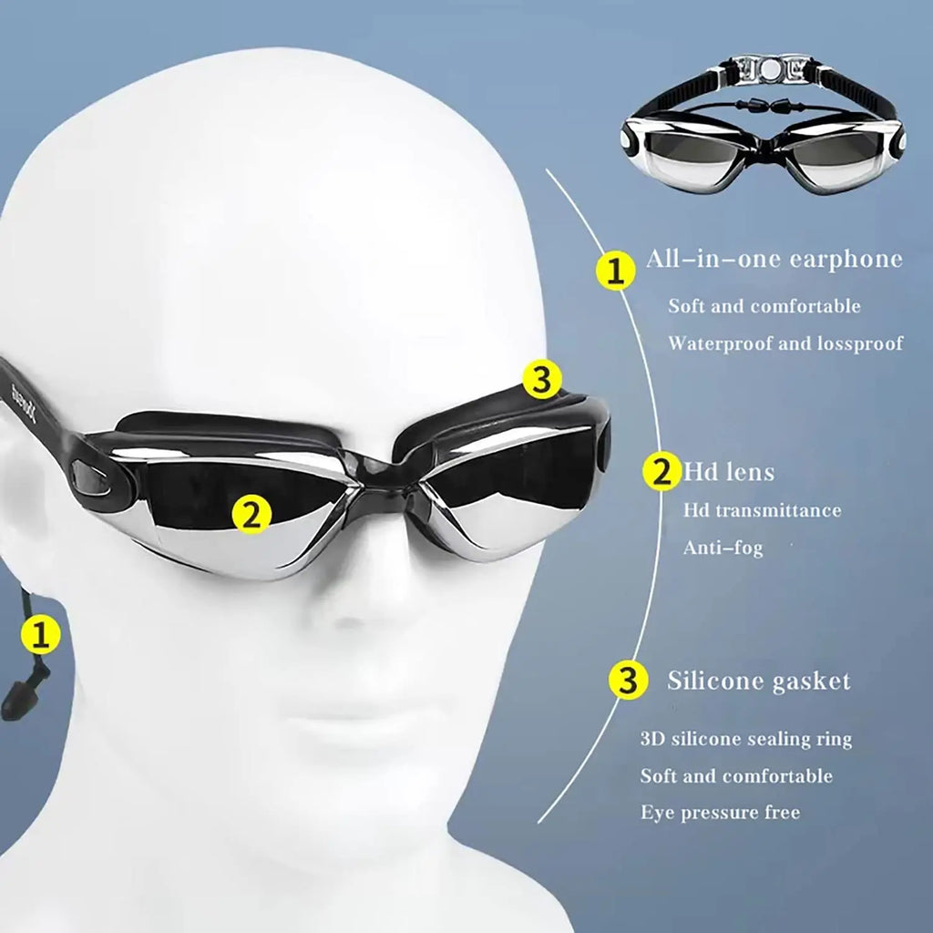 High-Quality Black Swim Goggles for Adults - Adjustable Nose Bridge & Headband, Anti-Fog & UV Protection, Comfortable Waterproof