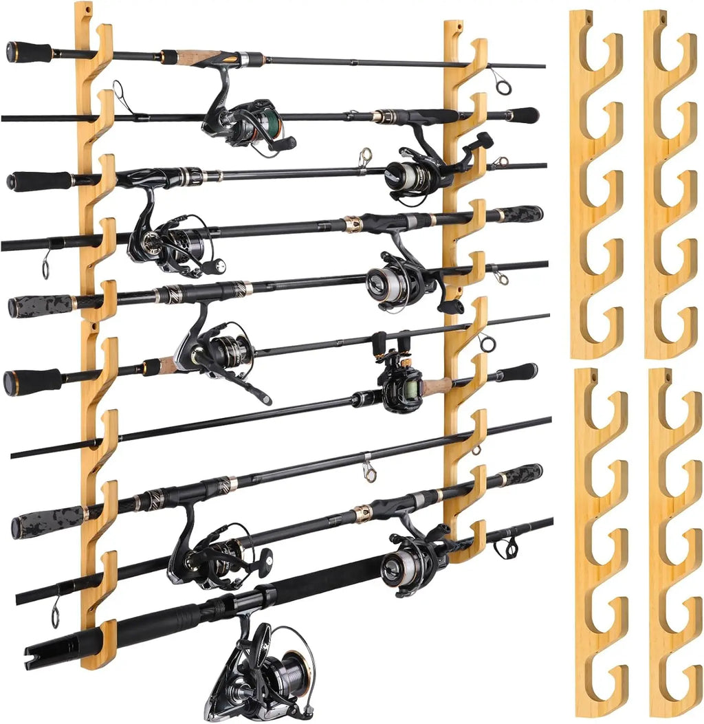Horizontal Fishing Rod Holder for Garage, Wall or Ceiling Mounted Rack, Solid Wood Holds up to 20 Rods or Combos