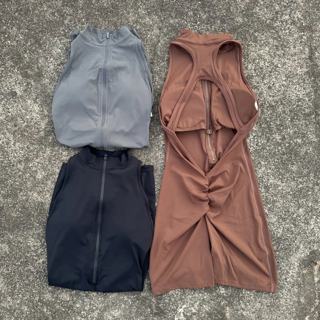 Solid Color Scrunch Back Waist Tight Yoga Jumpsuit Shorts Set for Women, Zipper Gym Sportswear Fitness One-Piece Sports Suit