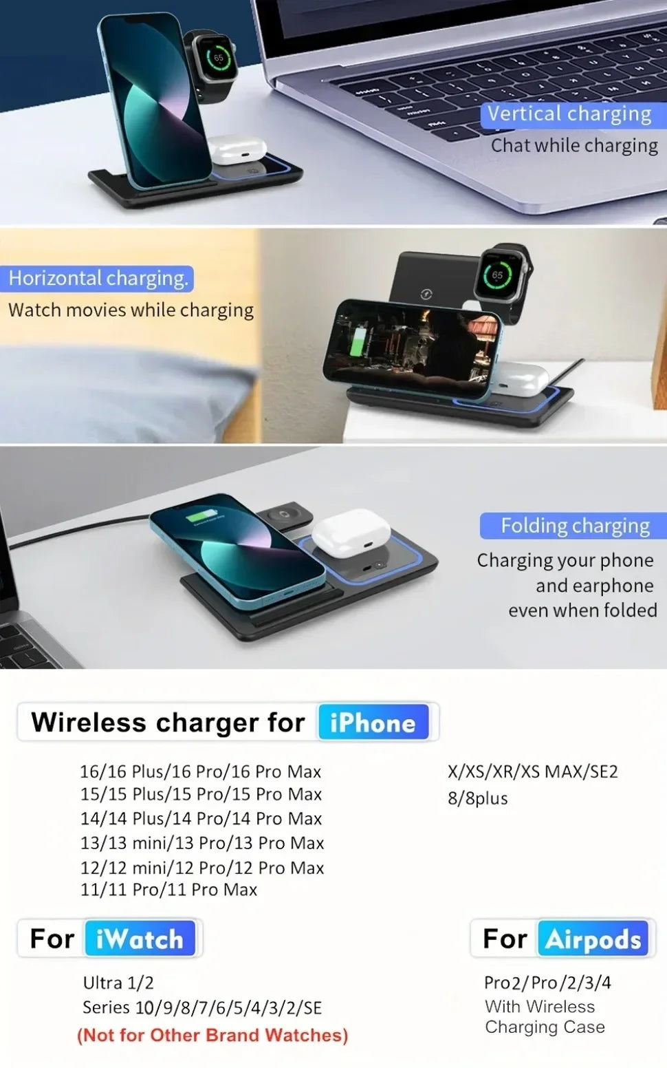 30W Foldable 3-in-1 Wireless Charging Dock | iPhone 17/16/15 + iWatch + AirPods Pro