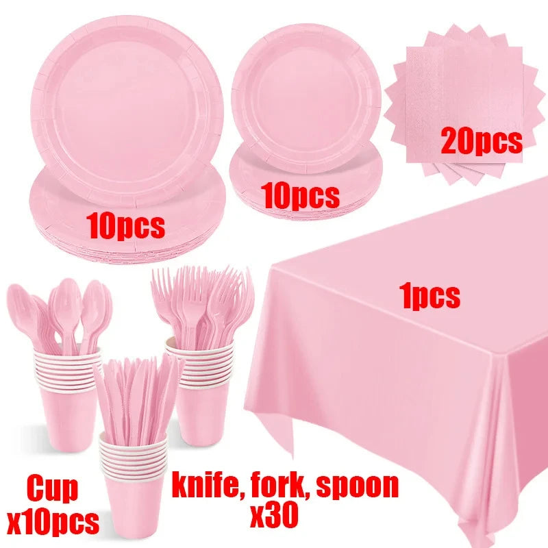 Solid Color Pink Disposable Kids Party Tableware Supplies Napkin Cup Plate Knife Fork Spoon Kids Birthday Party Supplies