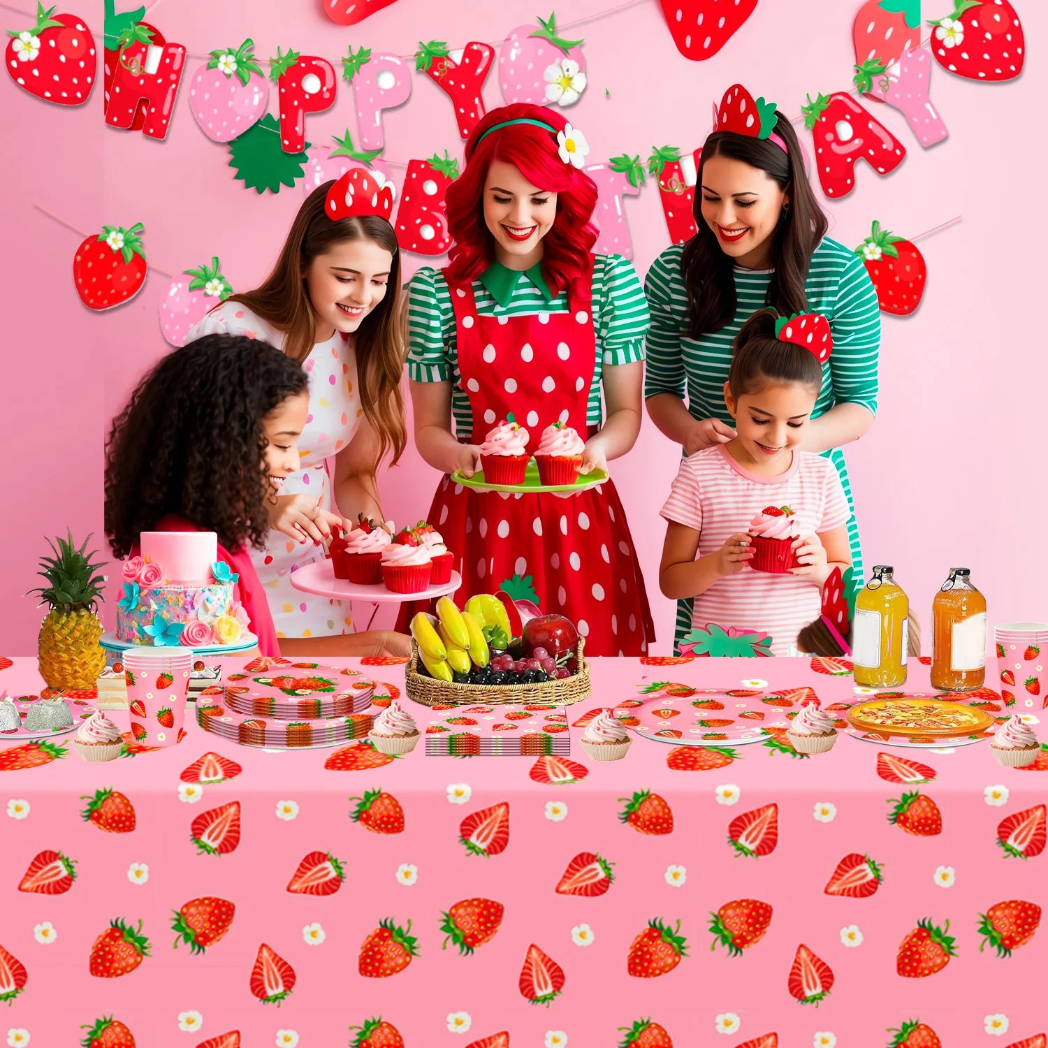 75Pcs Strawberry Birthday Party Plates Napkins Forks Supplies Summer Fruit Tableware Set Strawberry Theme Decoration for Girls