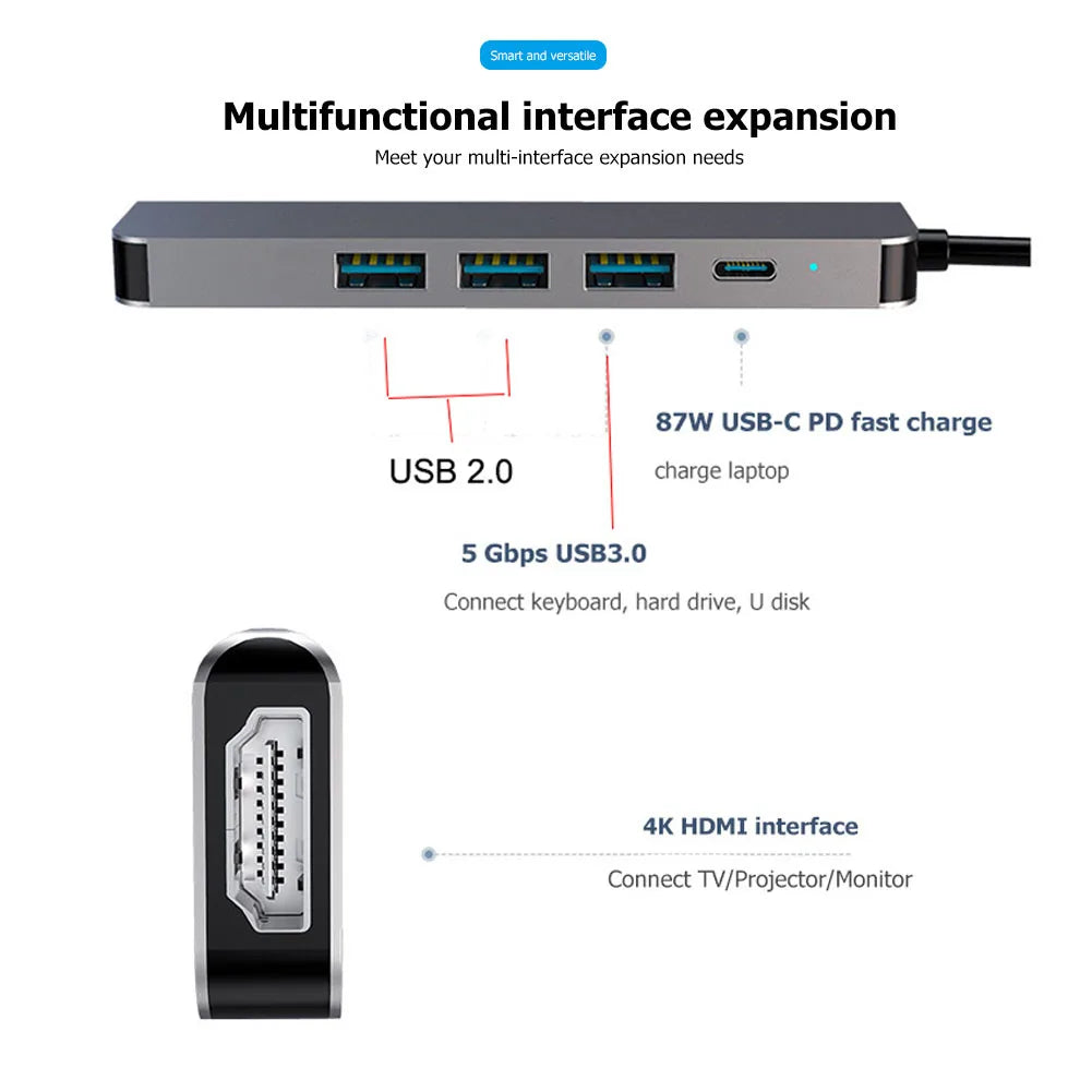 5 Ports USB C Hub to 4K HDMI-Compatible PD fast charge USB 3.0 2.0 HUB Type C Charging Docking for MacBook iPad Samsung